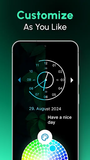 Customizable analog clock with cyan styling, date 29 August 2024, and color gradient picker tool for always-on display personalization