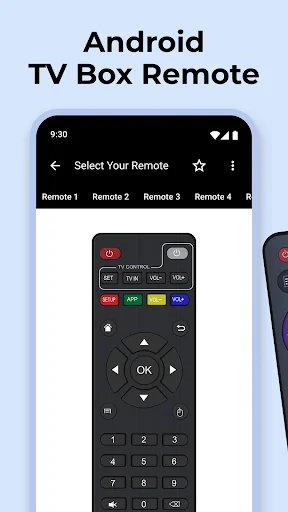 Android TV Box Remote selection screen showing Remote 1-4 options with detailed remote control layout including power, channels, volume, directional navigation, and number pad
