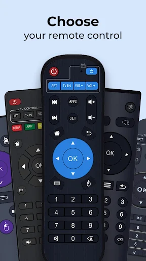 Choose your remote control screen displaying multiple TV remote designs available for selection in Android Remote app