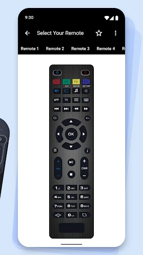 Android TV remote control interface showing full button layout with power button, input, TV channels, volume, directional pad, OK button, and numeric keypad