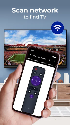 Scan network to find TV feature showing smartphone connecting to television via WiFi network using Android Remote control app