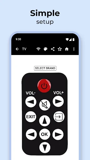 Simple remote setup screen with SELECT BRAND option and basic TV remote buttons including volume controls and directional navigation
