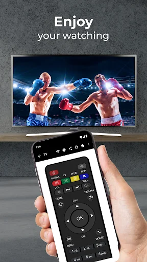 Android TV Box Remote app in use controlling television with smartphone displaying complete remote interface for watching entertainment