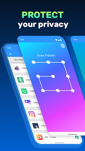 App Lock privacy protection interface showing draw pattern lock screen with blue to purple gradient background and app list