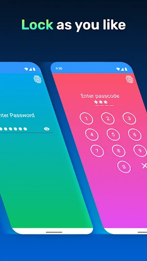 App Lock customization options displaying password entry keypad and numeric PIN unlock methods on mobile phones