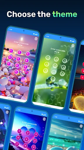 App Lock theme selection screen displaying multiple colorful phone interfaces with various PIN pad and pattern lock designs