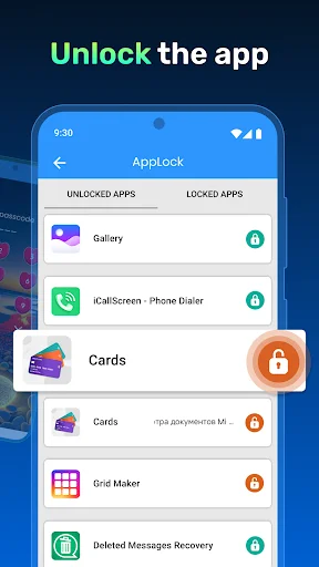 AppLock main interface showing unlocked and locked apps list with individual lock toggle buttons for Gallery, WhatsApp, and other applications