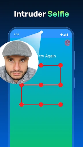 Intruder Selfie feature capturing unauthorized access attempts with selfie photo and red pattern lock grid detection overlay