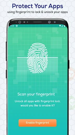 Fingerprint security setup screen with green fingerprint icon and enable button for biometric app protection authentication