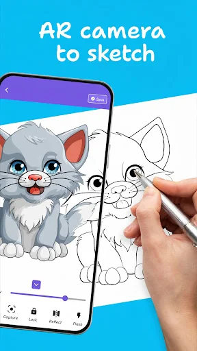 AR camera sketch feature using live phone camera to outline and trace cat drawing with stylus and paint tool controls