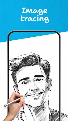 Image tracing tool displaying portrait sketch traced on smartphone screen with stylus for accurate digital drawing