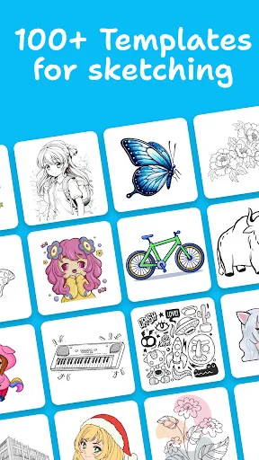 Gallery of 100+ sketch templates including anime, butterfly, character art, bike, piano, and botanical designs