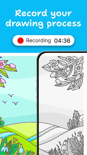 Drawing process recording feature showing real-time flower and botanical sketch progression with timer display