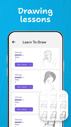 Drawing lessons interface with selectable lessons featuring difficulty levels and start buttons for step-by-step art training