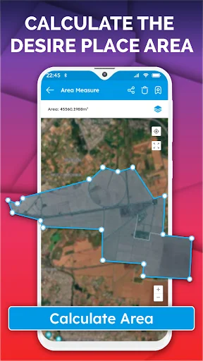 Area Measure: Satellite map with custom polygon drawn showing calculated area of 434d1408m² using area calculator tool