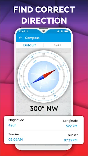 Compass with direction finder showing 300° NW heading, magnitude 42ut, and sunrise/sunset times for location