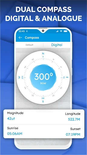 Digital compass display showing 300° NW direction with dual compass modes, location coordinates, and time details