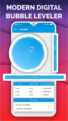 Digital bubble leveler tool displaying spirit level indicator with measurement axes X, Y, Z and location coordinates