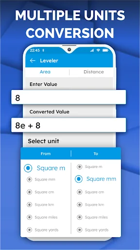 Unit conversion interface with area measurement units conversion from Square m to Square mm and other area units