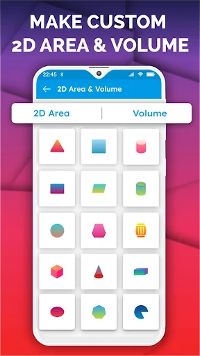 2D Area & Volume calculator showing grid of 3D shapes including pyramids, cubes, cylinders for custom calculations