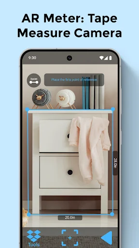 AR Meter app measuring furniture with camera overlay showing blue measurement lines on white dresser with 20.0m distance display and AR measurement tools