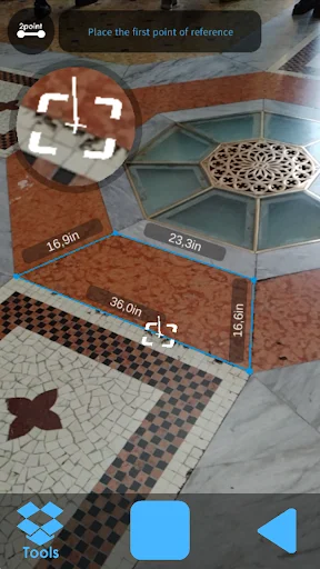 AR Meter measuring multiple room surfaces simultaneously showing multiple distance measurements 16.0m 23.3m 36.0m with AR overlay on floor tiles