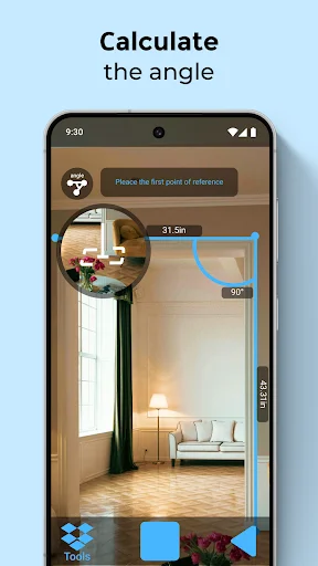 AR Meter angle calculation feature displaying 31.5m measurement and 90-degree angle indicator on room interior with furniture using augmented reality