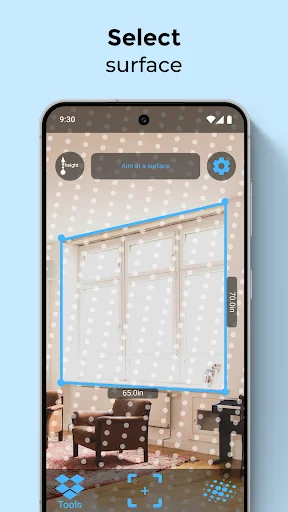 AR Meter surface selection tool with blue rectangular outline on window glass surface for AR measurement and radius addition on smartphone