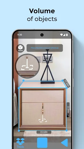 AR Meter volume calculation feature measuring table lamp on desk displaying dimensions 23.62m with blue AR overlay lines for object measurement