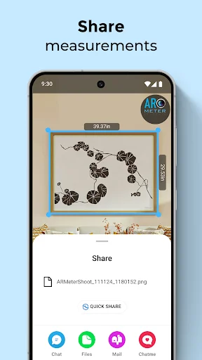 AR Meter share measurements interface showing filename and social sharing options for Chat, Files, Mail, and Channels with measurement results