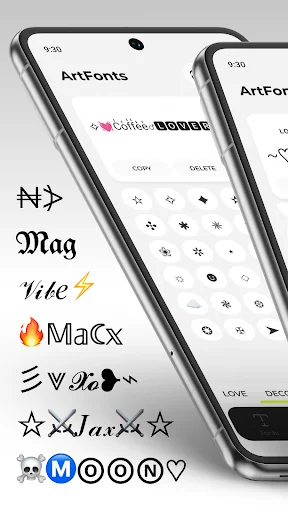 ArtFonts app displaying diverse decorative fonts including gothic, script, and symbol-based text styles for personalization