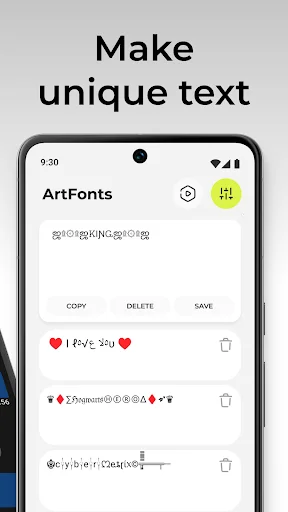 ArtFonts text generator displaying unique styled text variations with copy, delete, and save buttons for easy use
