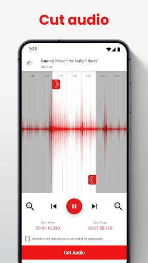Audio cut editor with red waveform visualization, play controls, and trim handles for cutting audio clips precisely