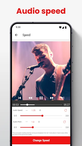 Audio speed editor with video preview and adjustable speed slider from 0.5x to 2.0x for changing playback speed