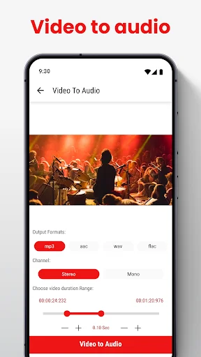 Video to audio converter with video preview, output formats (mp3, aac, wav, flac), and mono/stereo channel options