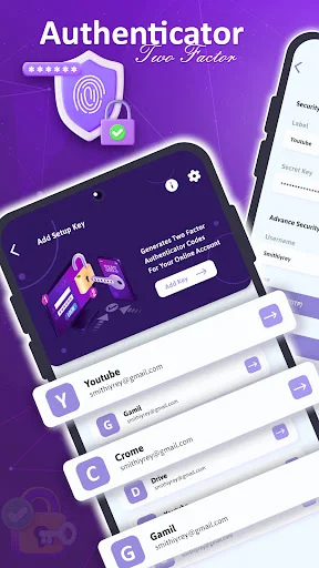 2FAS Authenticator app home screen displaying secured accounts including YouTube, Email, Crypto, and Gmail with two-factor authentication codes and add setup key option