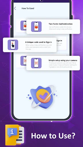 2FAS onboarding tutorial screen explaining how to use two-factor authentication with icons showing camera scanning and unique code sign-in methods
