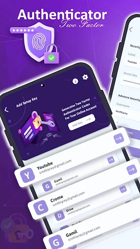2FAS Authenticator app home screen displaying secured accounts including YouTube, Email, Crypto, and Gmail with two-factor authentication codes and add setup key option