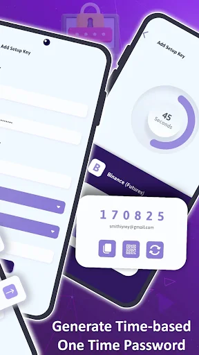 2FAS app generating time-based one-time password with 6-digit authentication code, countdown timer, and copy options for secure two-factor verification