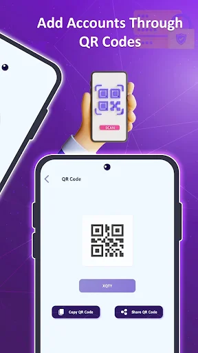 2FAS QR code scanning interface for adding accounts through QR codes, showing QR code with copy and share functionality buttons for 2FA setup