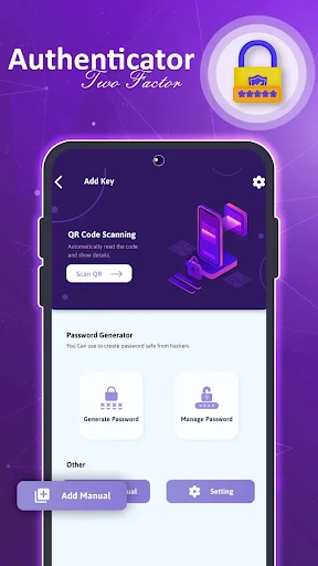 2FAS Add Key screen with QR code scanning for two-factor authentication setup, password generator tool, and manual entry options for account security