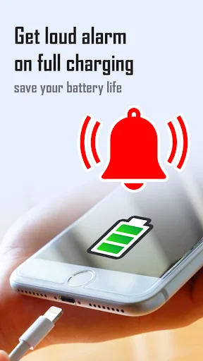 Battery Charge Alarm app showing red bell icon with sound waves alert when phone battery is fully charged while charging