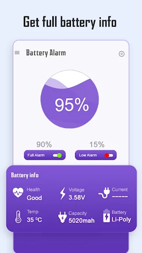 Battery info showing health Good, voltage 3.58V, temperature 35°C, capacity 5020mah, and battery Li-Poly specifications