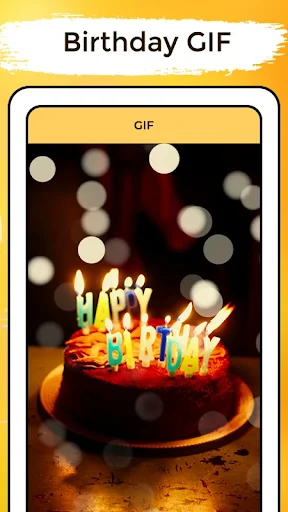 Birthday GIF feature showing animated birthday cake with colorful candles and sparkling bokeh lights for celebrations