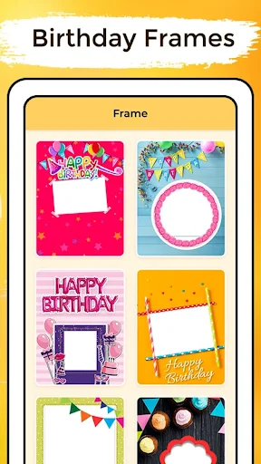 Birthday Frames gallery displaying colorful photo frame templates with happy birthday designs and text overlays
