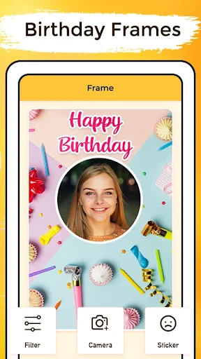 Birthday photo frame editor with portrait image placement, editing tools including filter, camera, and sticker options
