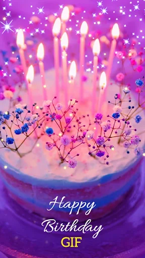 Animated birthday GIF with glowing illuminated candles, sparkles, decorative flowers, and happy birthday text overlay