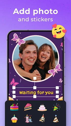 Add photo and stickers feature showing circular photo frame with decorative sticker options like cakes, balloons, and party elements
