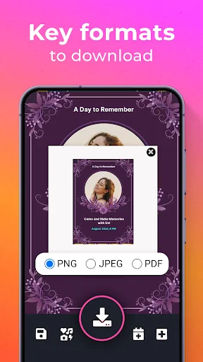 Key formats to download showing PNG, JPEG, and PDF export options for saving and downloading customized birthday invitation cards