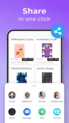 Share in one click feature displaying saved card files with direct sharing options to contacts and messaging apps